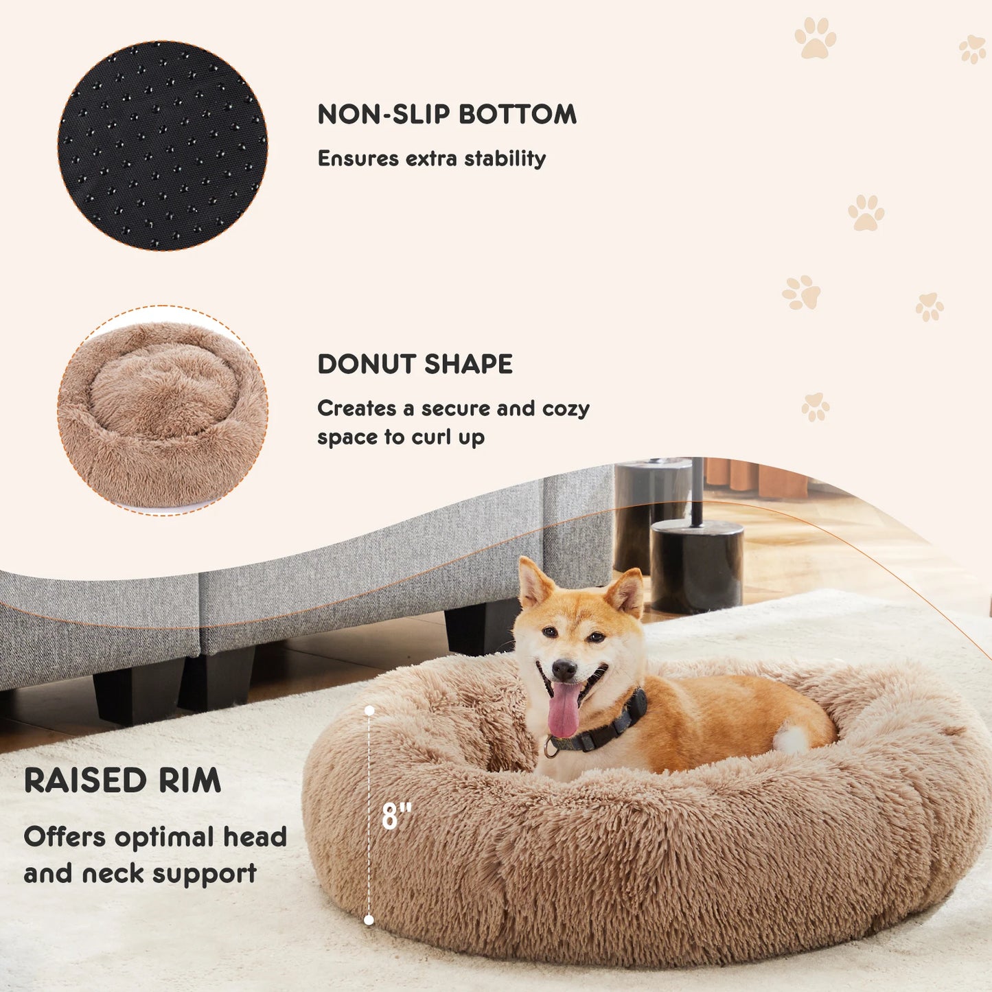 JHK Calming Dog Bed Washable Round Plush Faux Fur
