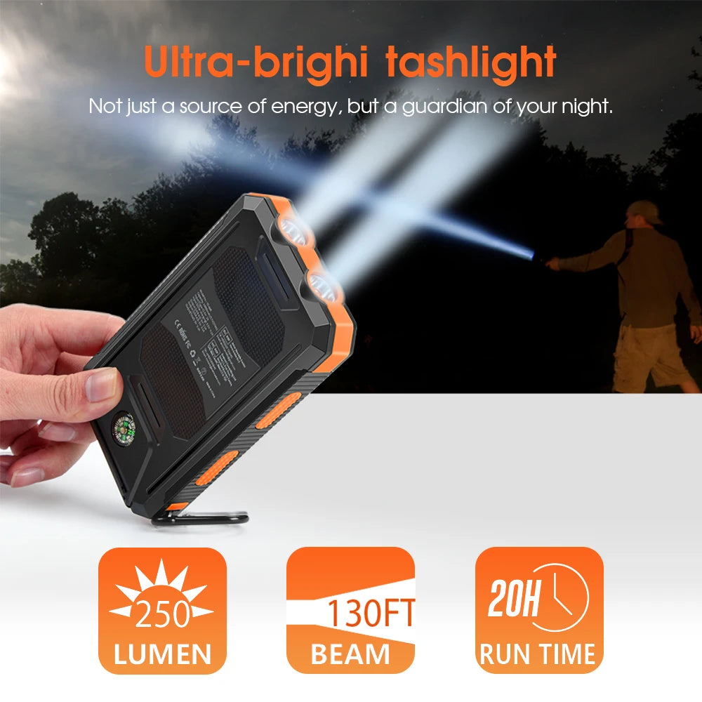 Ultra-Thin 10000mAh Solar Power Bank with Dual USB & Type-C Output, High-Brightness LED Light, Built-in Carabiner Clip