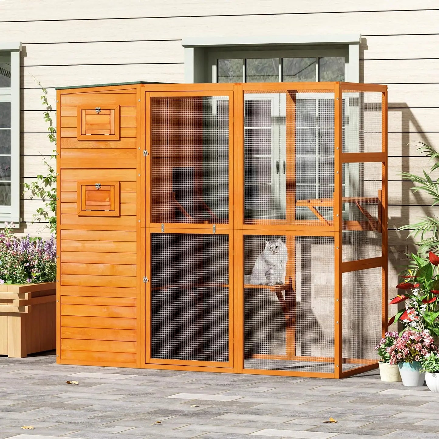 Large Wood Cat Catio, Outdoor Enclosure with Weatherproof Roof, 2 Resting Rooms, 2 Platforms, 4-Tier Cat Playpen (Grey, Custom