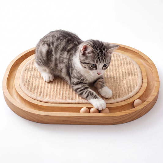3-in-1 Wooden Oval Cat Scratcher with Rolling Balls