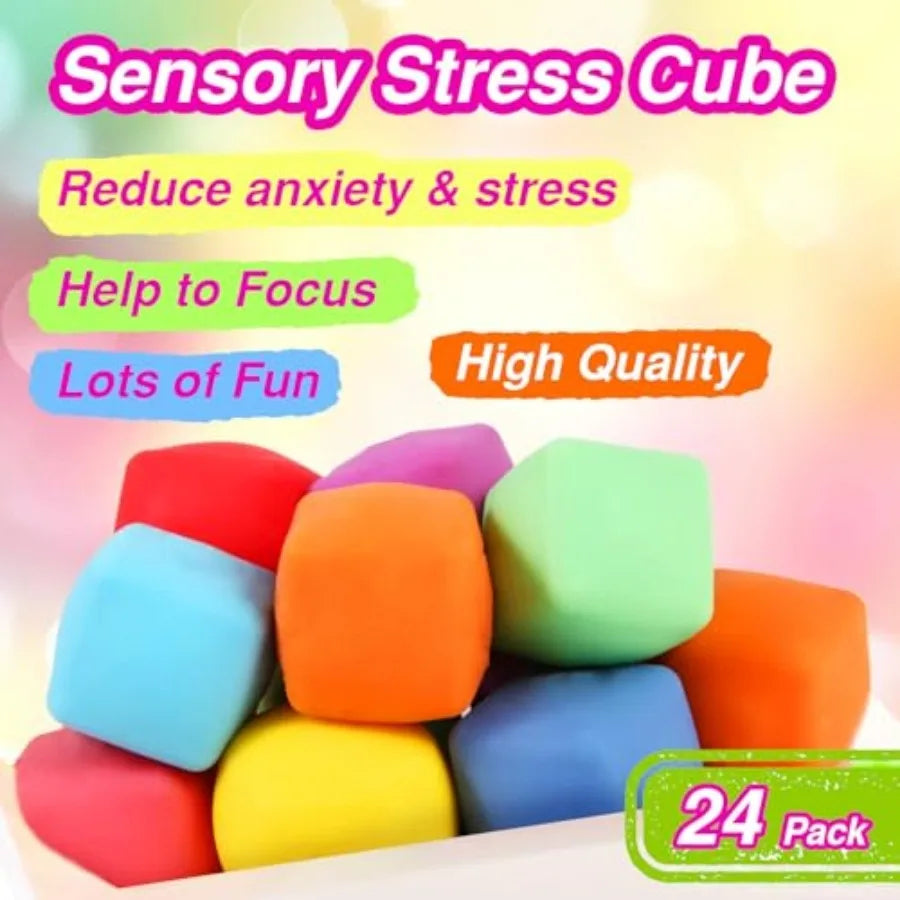 24 Pack Slow Rising Stress Cube, Dough Stress Balls Soft Fidget Squishy Toys for Anxiety Relief, Pull Stretch Classroom Prize P