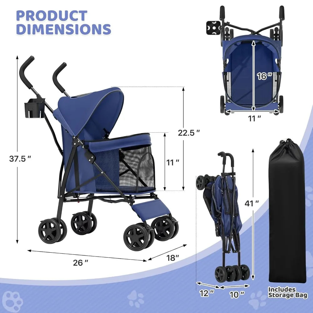 Compact Pet Stroller for Small-Medium Dogs/Cats up to 22lbs, 4-Wheel Lightweight Umbrella Shaped Portable Puppy Travel