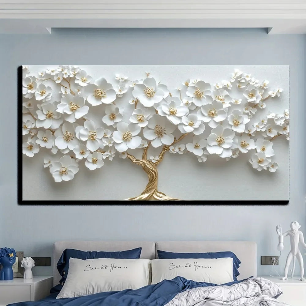 Nordic White Flower Oil Painting On Canvas Deco Wall Art