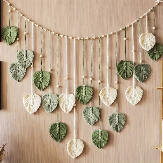 Modern Woven Wall Decor With Green Leaves And Bohemian Style