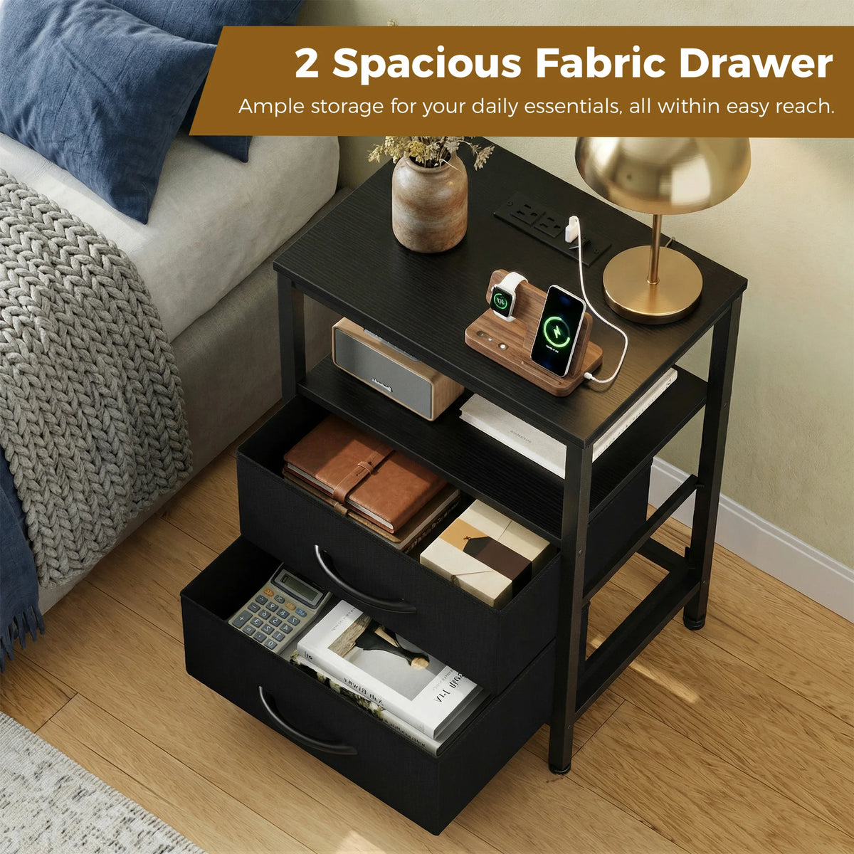 Modern Metal Nightstand with Charging Station