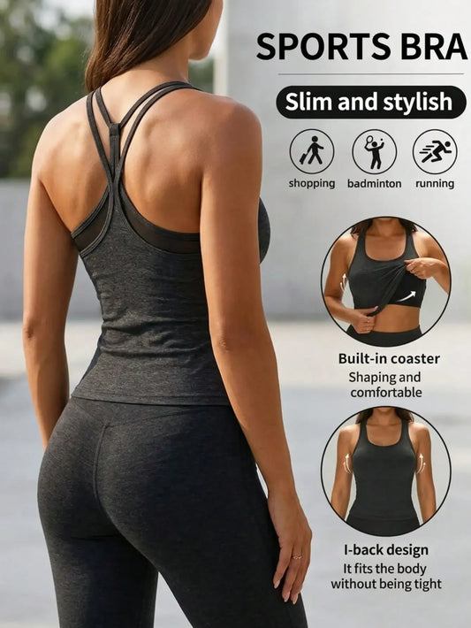 Backless Camisole 2-In-1 With Built-In Cup Pad Mesh Splice Yoga Dress