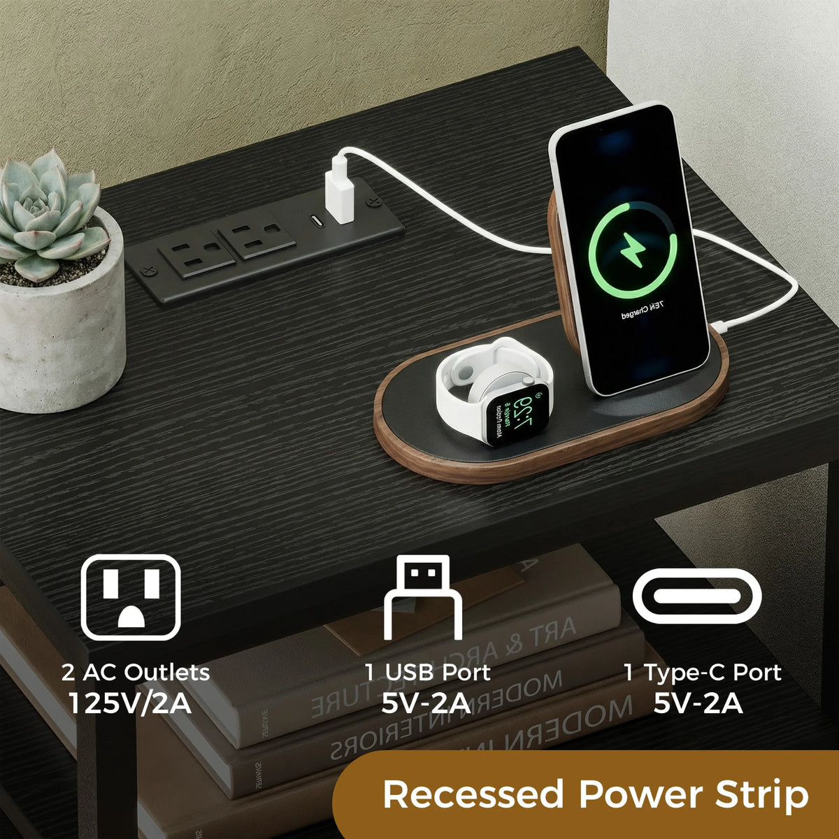 Modern Metal Nightstand with Charging Station