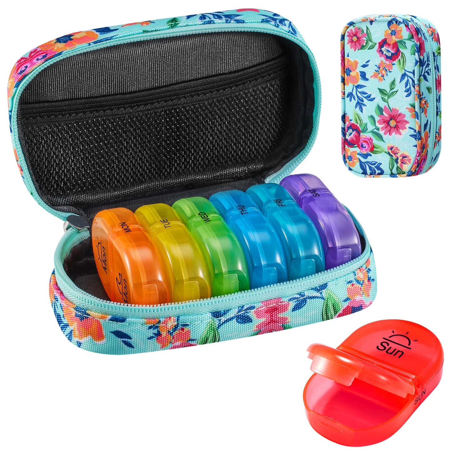 Seven Day Pill Organizer Canvas With Zip Pouch Rainbow Design