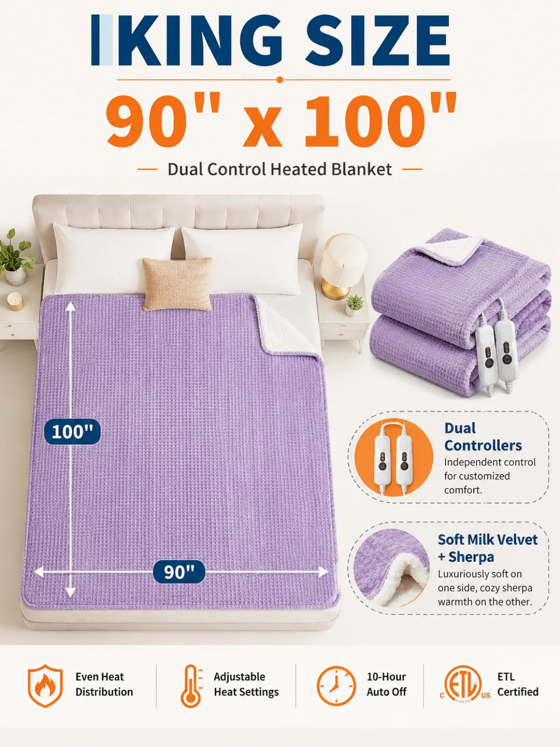 Heated Flannel Sherpa Electric Blanket, 90 x 100 in