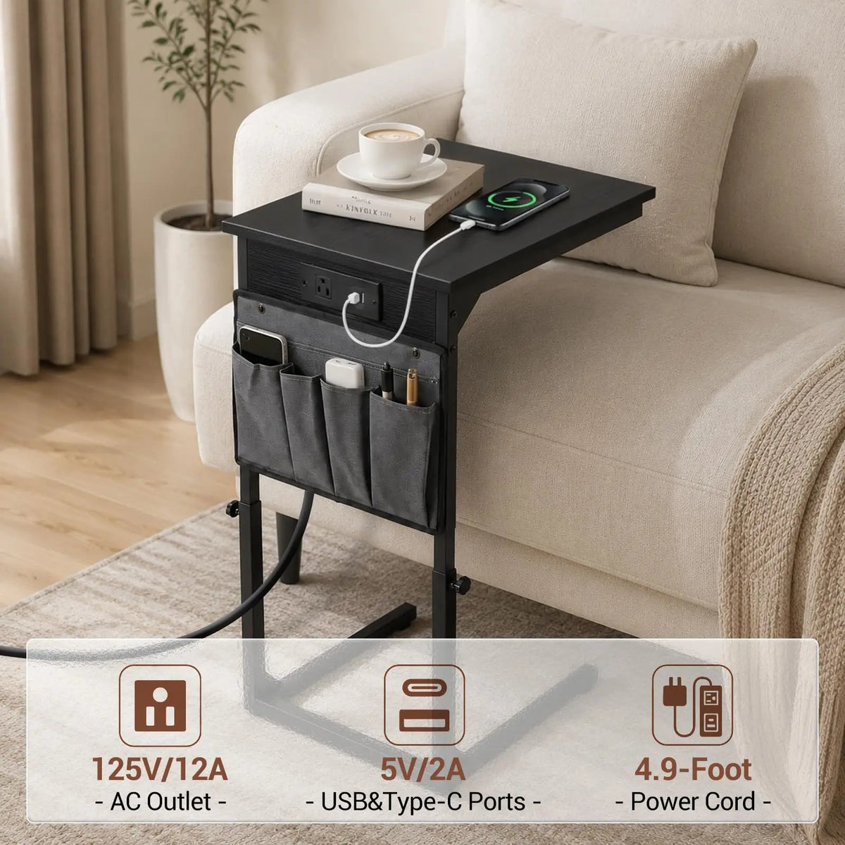 Adjustable C-Shaped Side Table with Charging Station