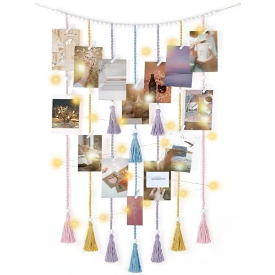 Macrame Hanging Photo Display Wall Decor with String Lights Boho Room Bedroom Wooden Beads Garland Picture Greeting Cards Holde