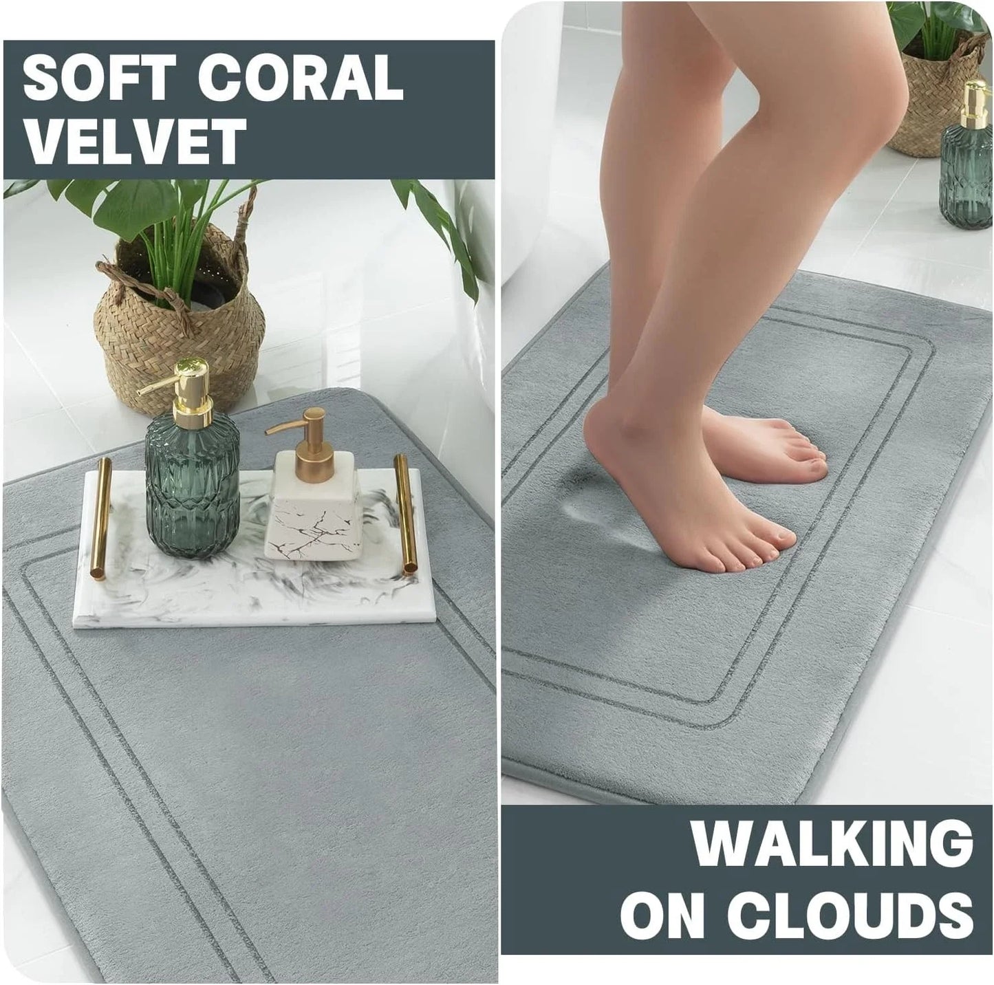 Absorbent Memory Foam Bath Mats Set Non Slip Quick Dry