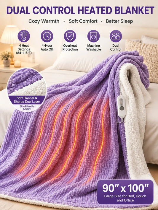 Heated Flannel Sherpa Electric Blanket, 90 x 100 in