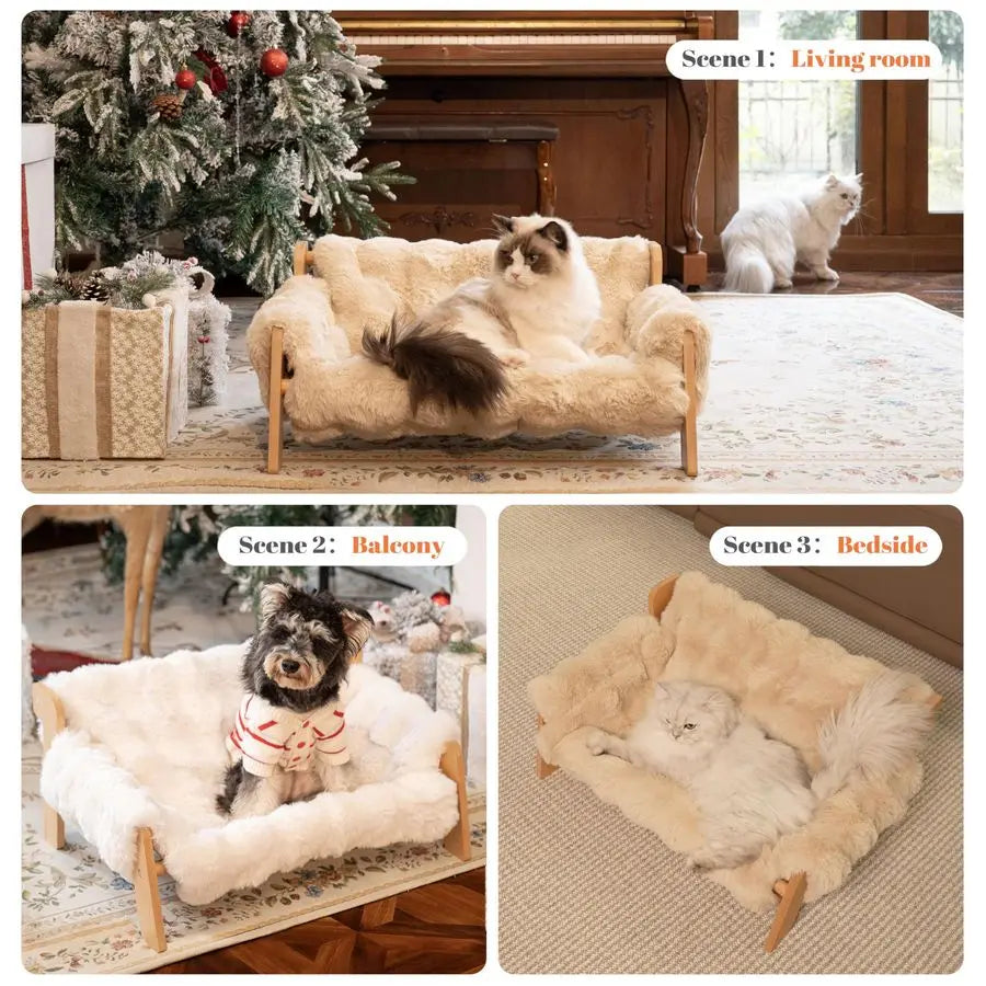 Elevated Wooden Cat Couch Bed With Removable Washable Fluffy Cover