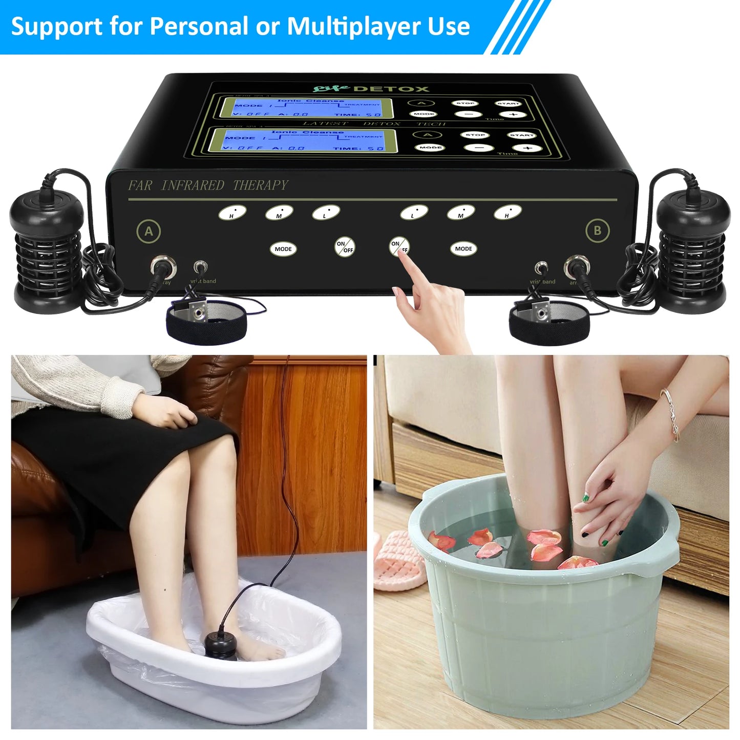 Salon Detox Spa Device Dual Ionic Foot Bath Detox Machine for 2 People Body Detox Sps Massage with Infrared Heating Waist Belt