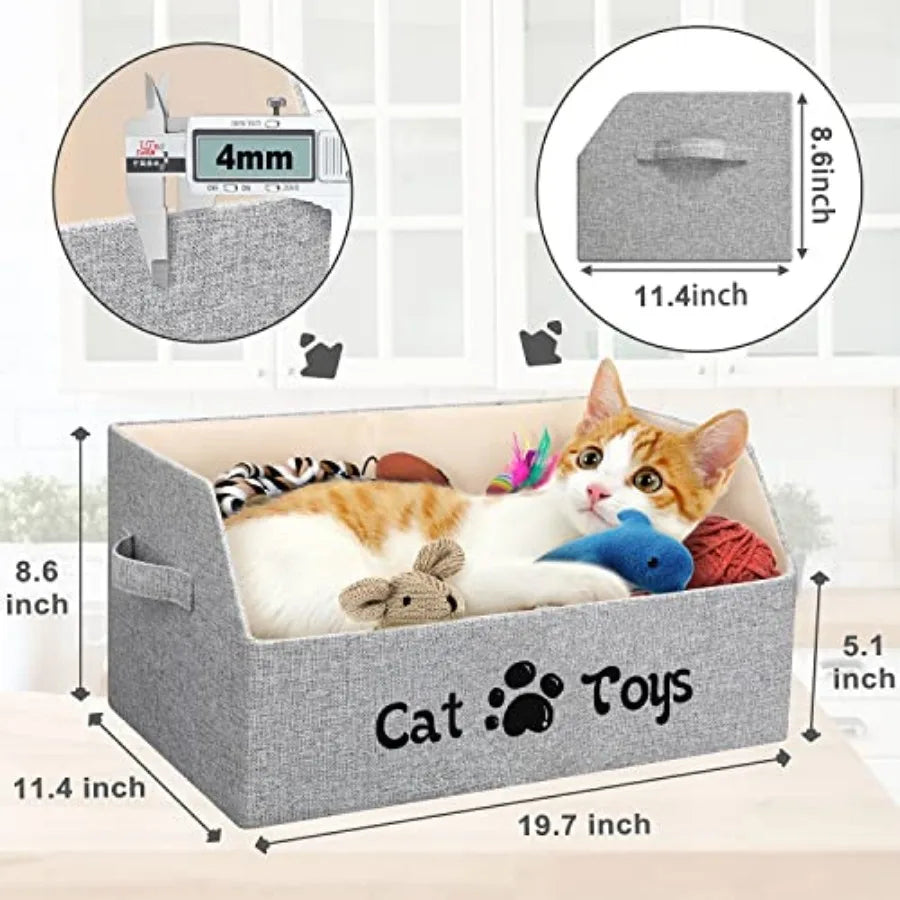 2X Thicker Large Cat Toy Bin Collapsible Cat Toy Box Sturdy Cat Toy Basket Kitten Toy Storage Bed for Organizing Cat Toys Treat