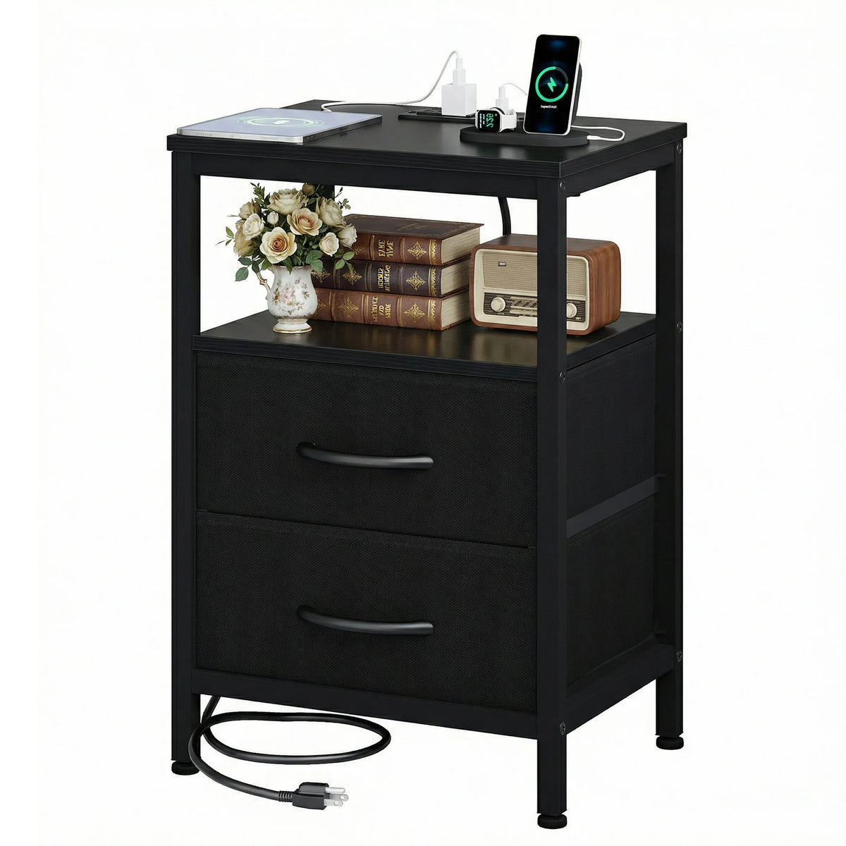 Modern Metal Nightstand with Charging Station
