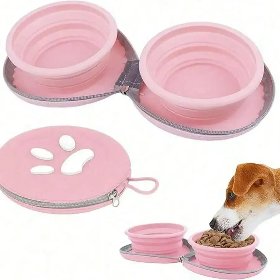 Portable Travel Silicone Double Dog Bowl Two In One Foldable