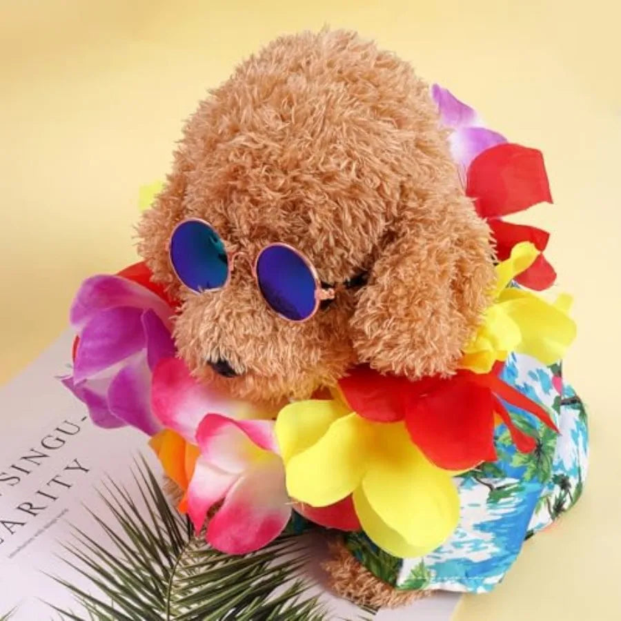 3 Pieces Pet Hawaiian Costume Summer Shirts Sunglasses and Wreath for Small Dog Cat Halloween Holiday Costume