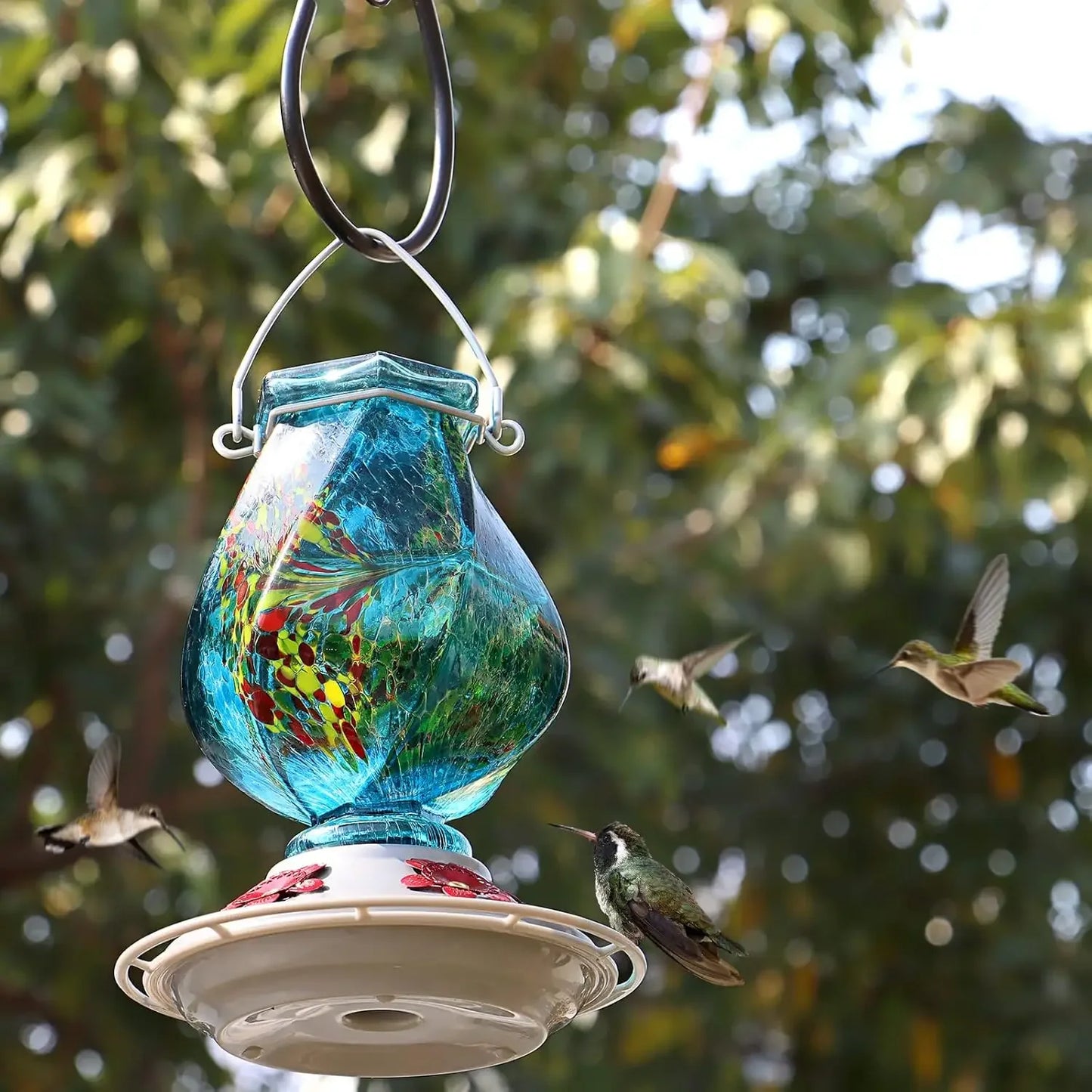 Hummingbird Feeder, Hand Blown Glass Hummingbird Feeders for Outdoors Hanging with Ant Moat, 5 Bee-Proof Ports, Leak-Proof, 360°