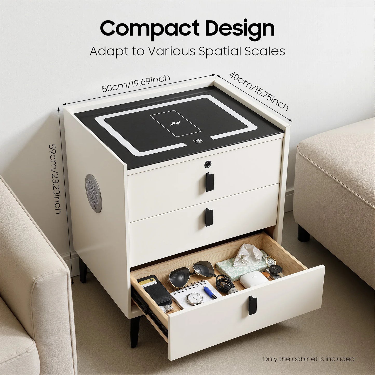 Beige Bedside Cabinet Wooden 3 Drawer Smart Nightstand with LED Light & Wireless Charging & Fingerprint Lock & Bluetooth Speaker