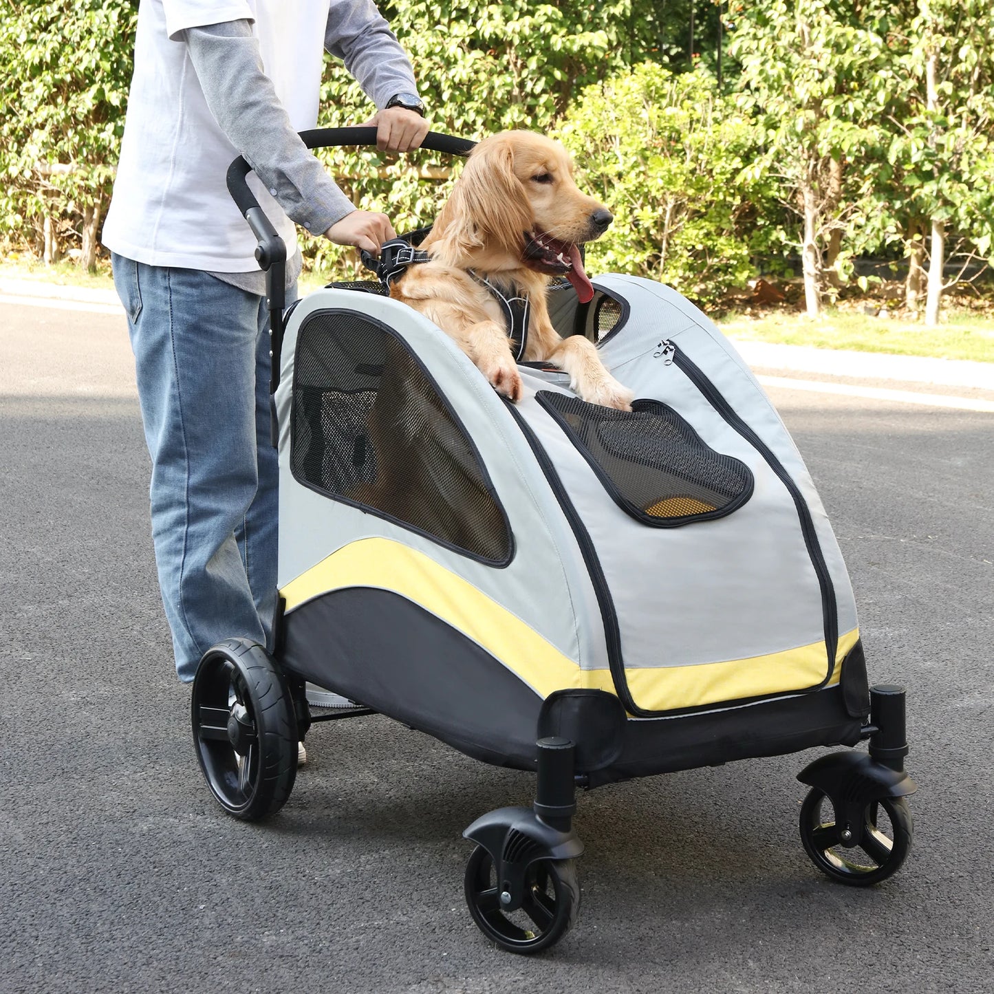 Large Dog Stroller 4 Wheel Pet Trolley Carrier Foldable for 2 Dogs up to 121 lbs