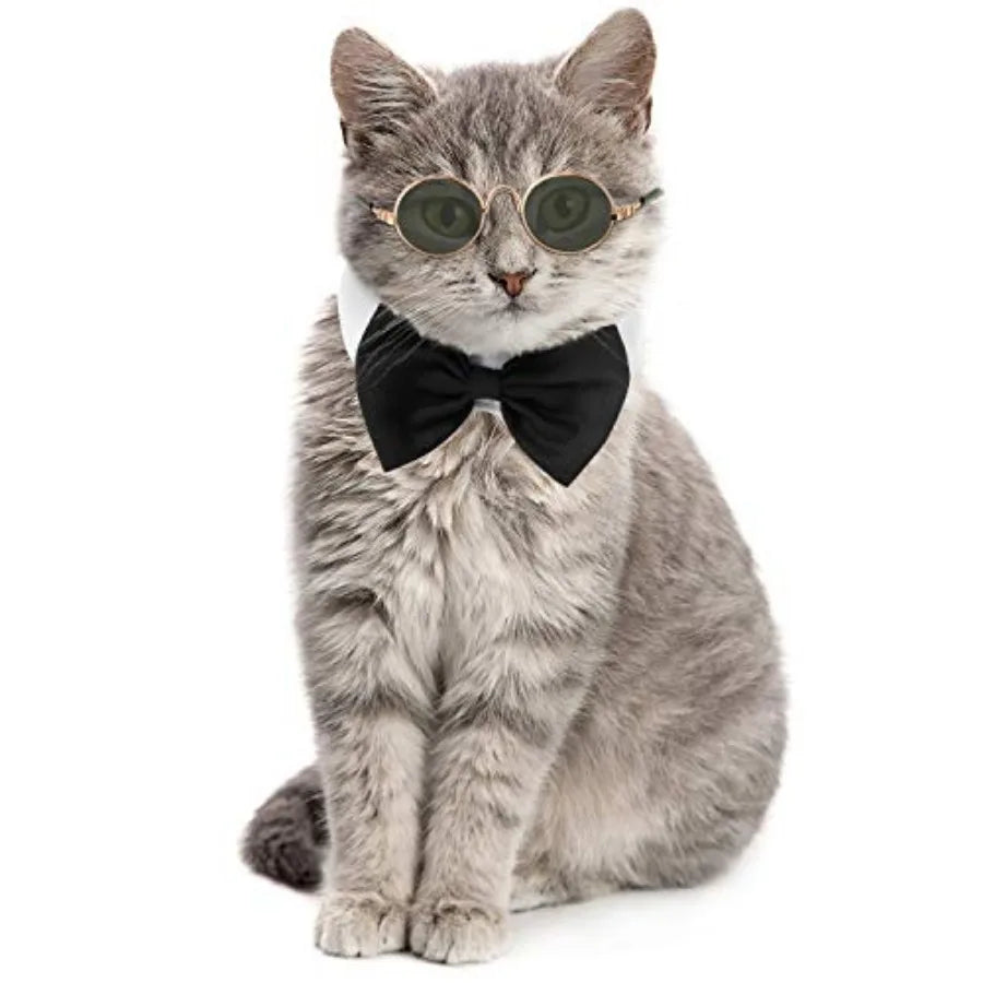 2 Pieces Pets Dog Cat Bowtie Tie Sunglasses Pets Costume Adjustable Formal Necktie Collar for Cats Small Dogs Puppy Round Metal