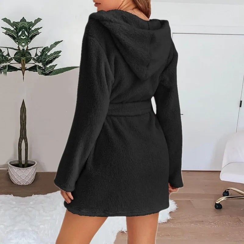 Fluffy Winter Women's Robe Plush Hooded Bathrobe Comfortable Cozy