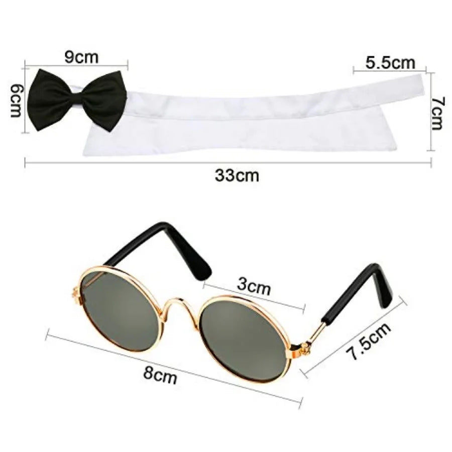 2 Pieces Pets Dog Cat Bowtie Tie Sunglasses Pets Costume Adjustable Formal Necktie Collar for Cats Small Dogs Puppy Round Metal