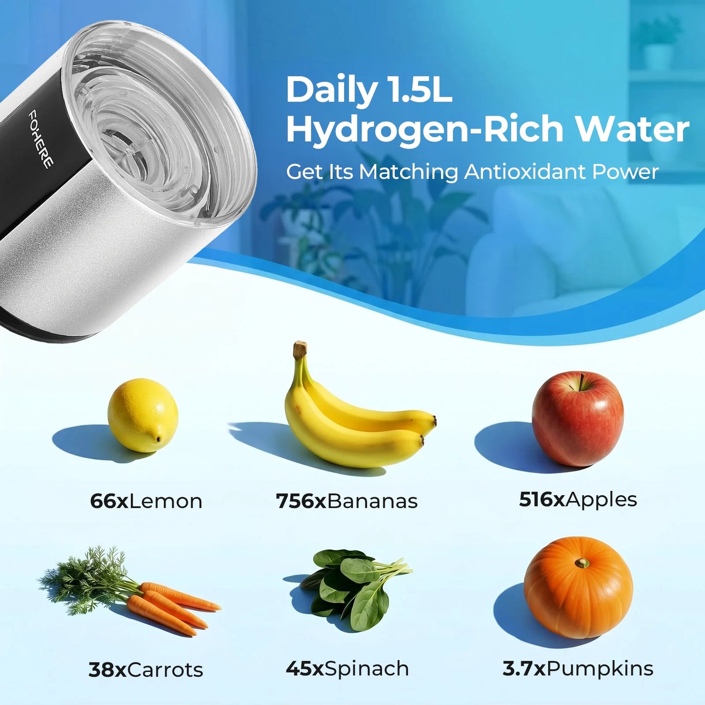 Hydrogen Water Bottle, Up to 6000ppb, Hang & Go Portable Hydrogen Water Generator with SPE/PEM Technology, Leak-Proof Design for Home, Office, Travel, Hiking