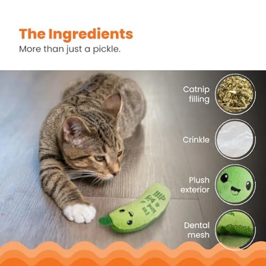 Crunchy Pickle Kicker Cat Toy Plush Crinkle Toy with Catnip and Dental Mesh, 6.5"