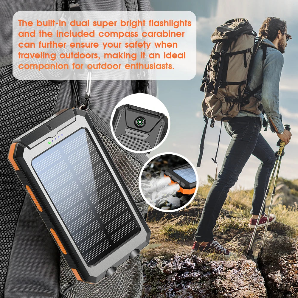 Ultra-Thin 10000mAh Solar Power Bank with Dual USB & Type-C Output, High-Brightness LED Light, Built-in Carabiner Clip