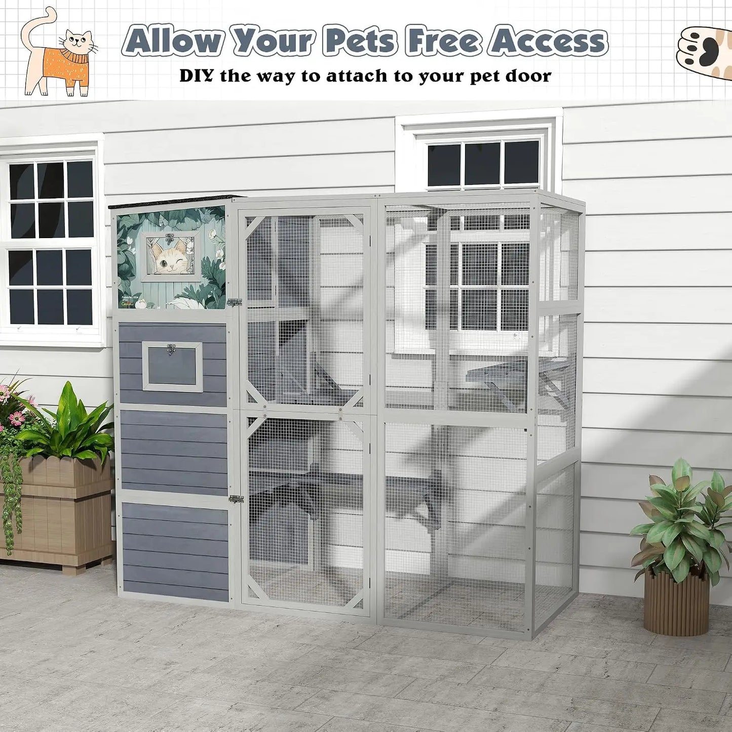 Large Wood Cat Catio, Outdoor Enclosure with Weatherproof Roof, 2 Resting Rooms, 2 Platforms, 4-Tier Cat Playpen (Grey, Custom