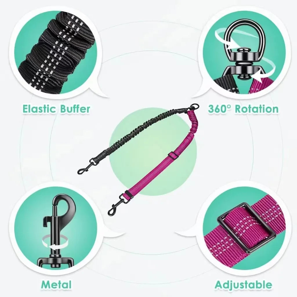 Dual Dog Leash Attachment For Training With Shock Absorbing Bungee