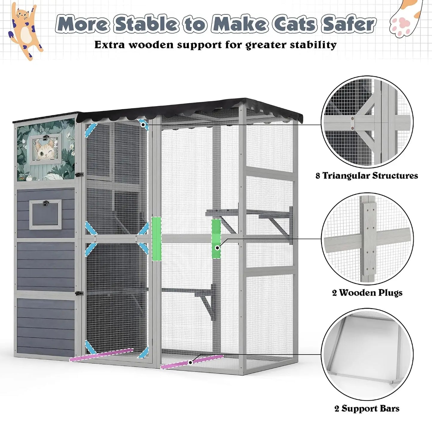 Large Wood Cat Catio, Outdoor Enclosure with Weatherproof Roof, 2 Resting Rooms, 2 Platforms, 4-Tier Cat Playpen (Grey, Custom