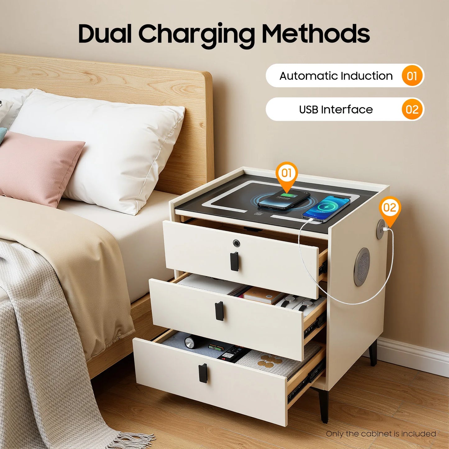 Beige Bedside Cabinet Wooden 3 Drawer Smart Nightstand with LED Light & Wireless Charging & Fingerprint Lock & Bluetooth Speaker
