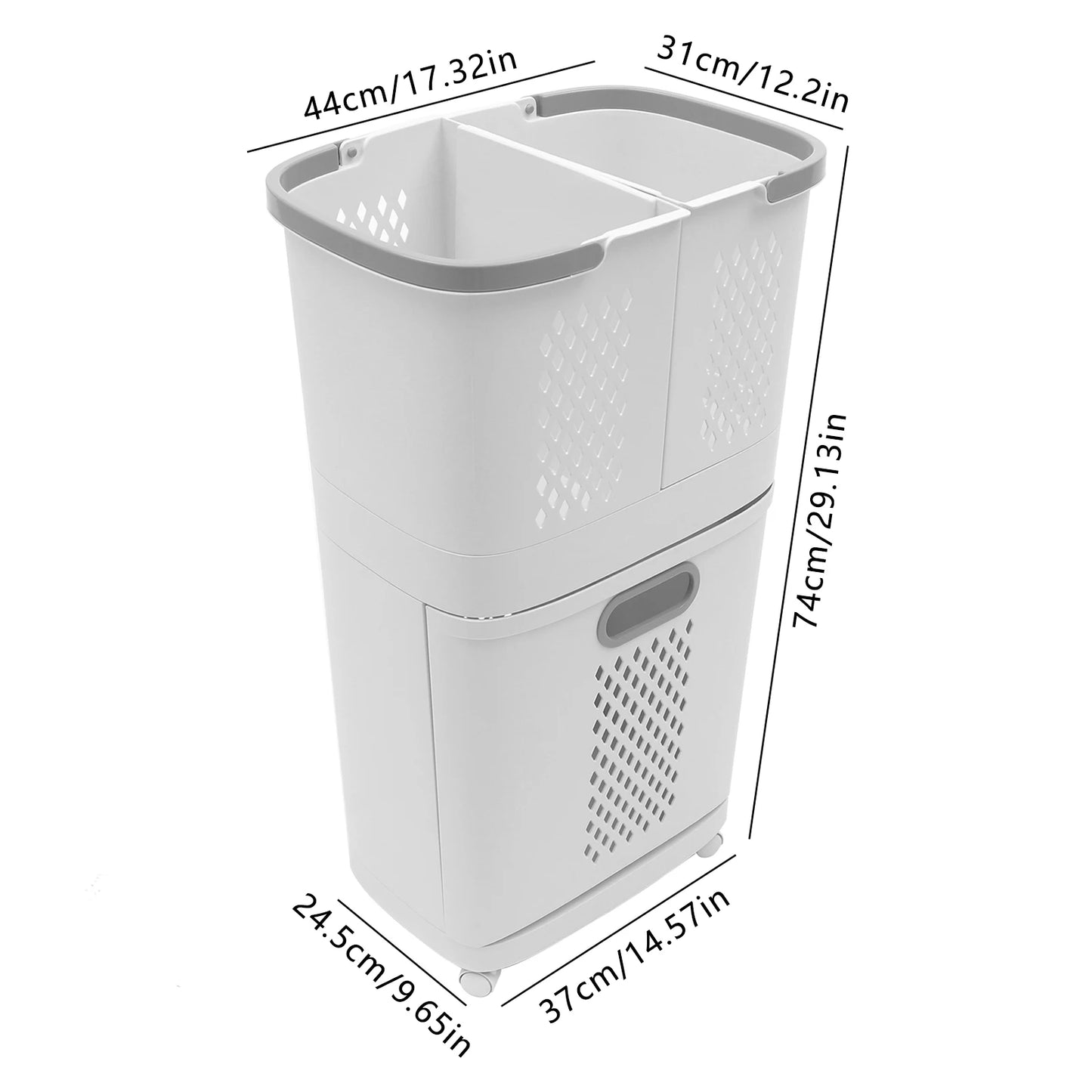 Movable Three Basket Laundry Hamper Sorter With Wheels And Handle