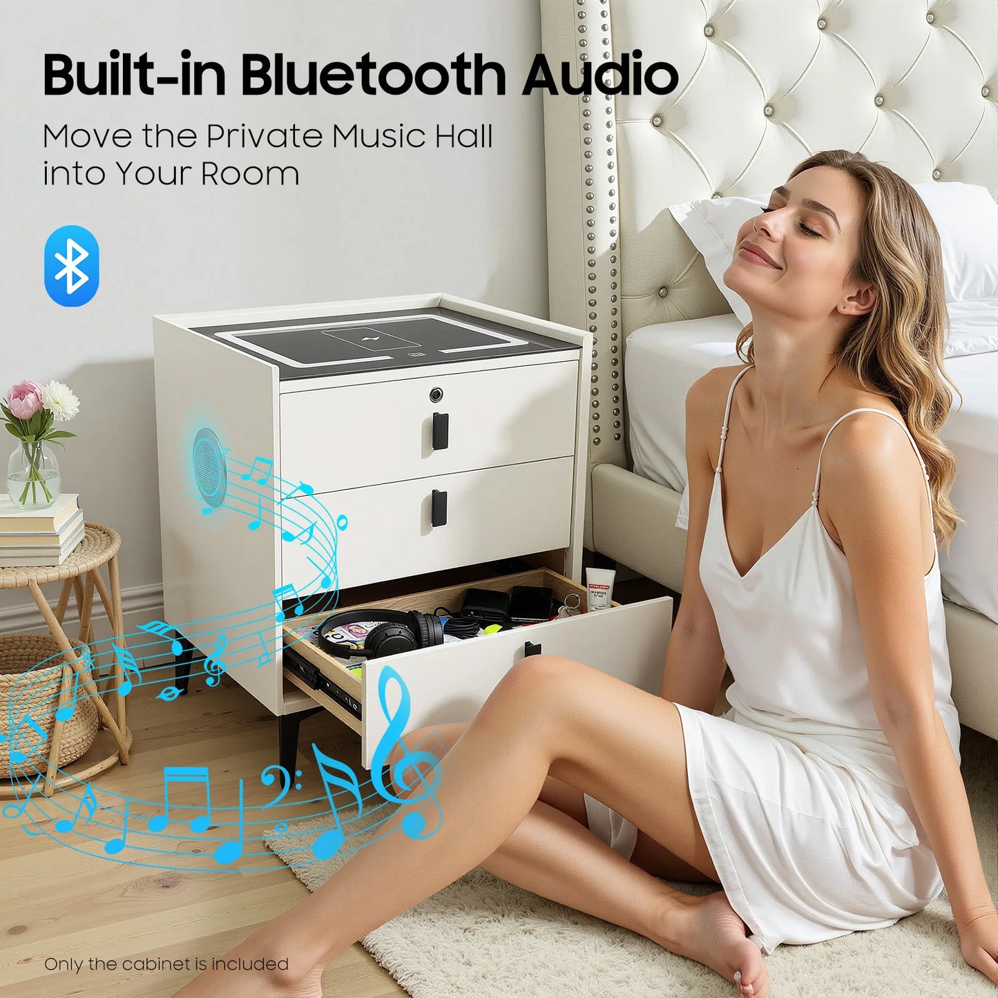 Beige Bedside Cabinet Wooden 3 Drawer Smart Nightstand with LED Light & Wireless Charging & Fingerprint Lock & Bluetooth Speaker