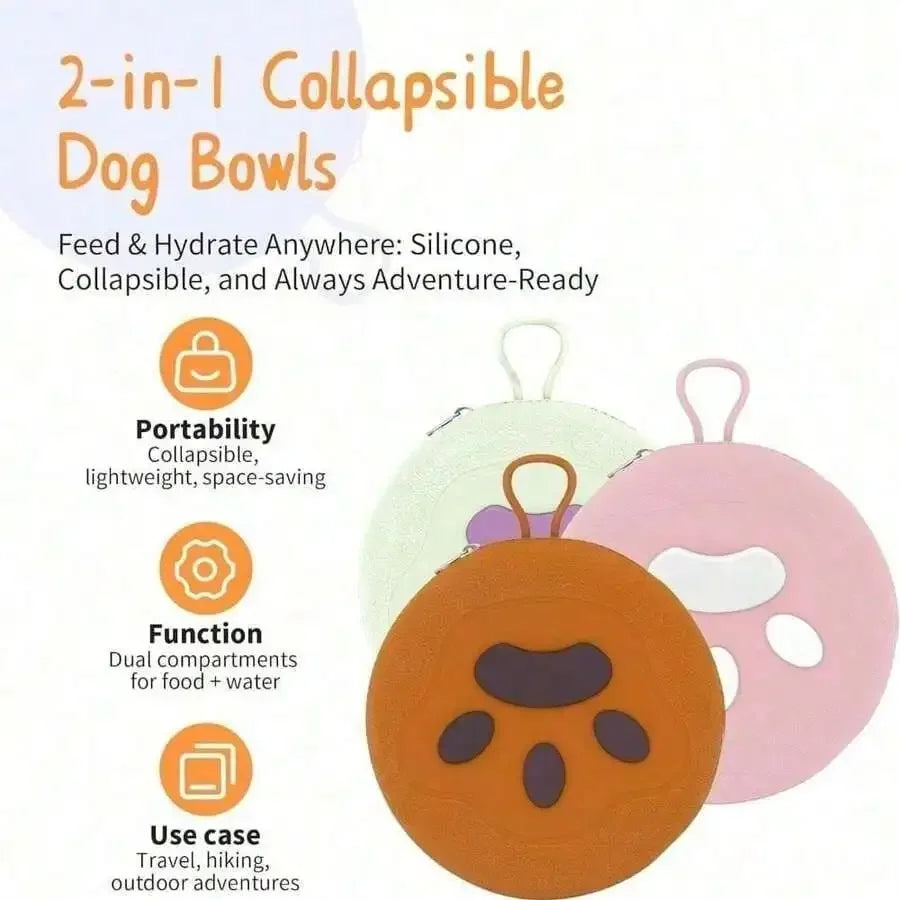 Portable Travel Silicone Double Dog Bowl Two In One Foldable
