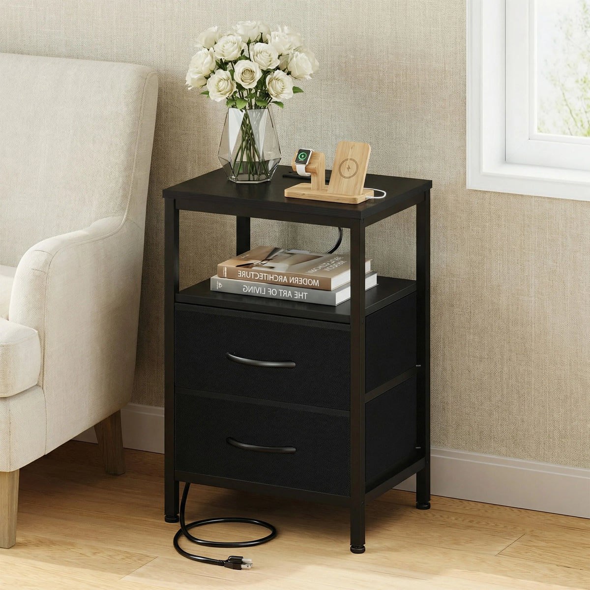 Modern Metal Nightstand with Charging Station