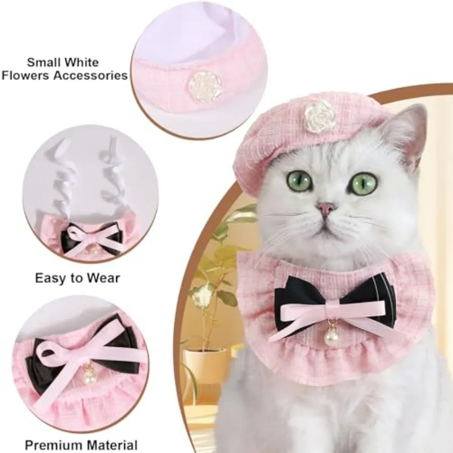 2PCS Cat Beret Hat with Small Camellia, Adjustable Satin Bowtie Bandana Scarf Set Pet Princess Costume for Halloween Christmas,