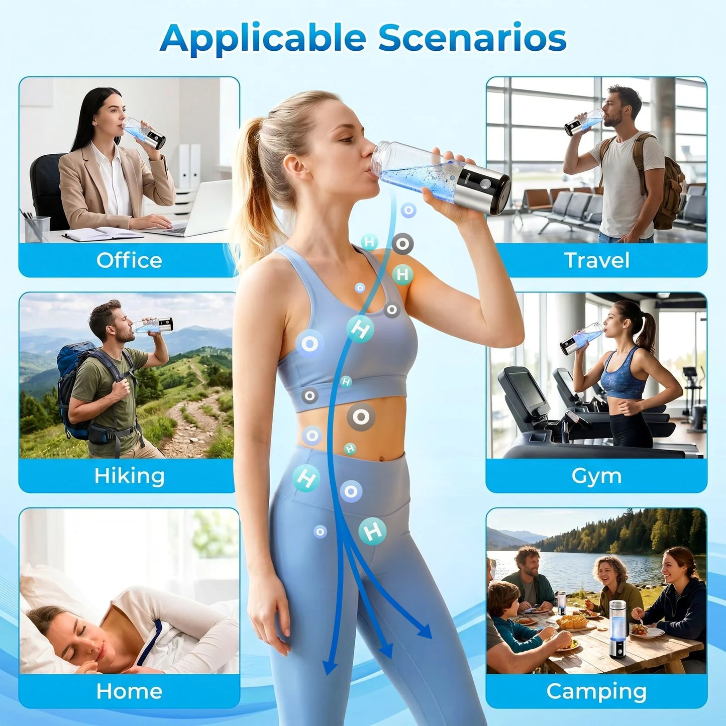 Hydrogen Water Bottle, Up to 6000ppb, Hang & Go Portable Hydrogen Water Generator with SPE/PEM Technology, Leak-Proof Design for Home, Office, Travel, Hiking