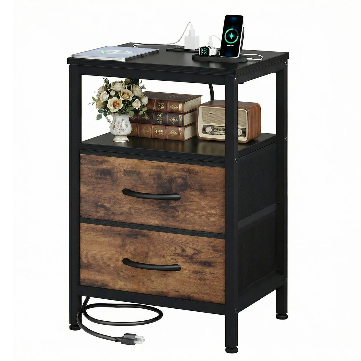 Modern Metal Nightstand with Charging Station