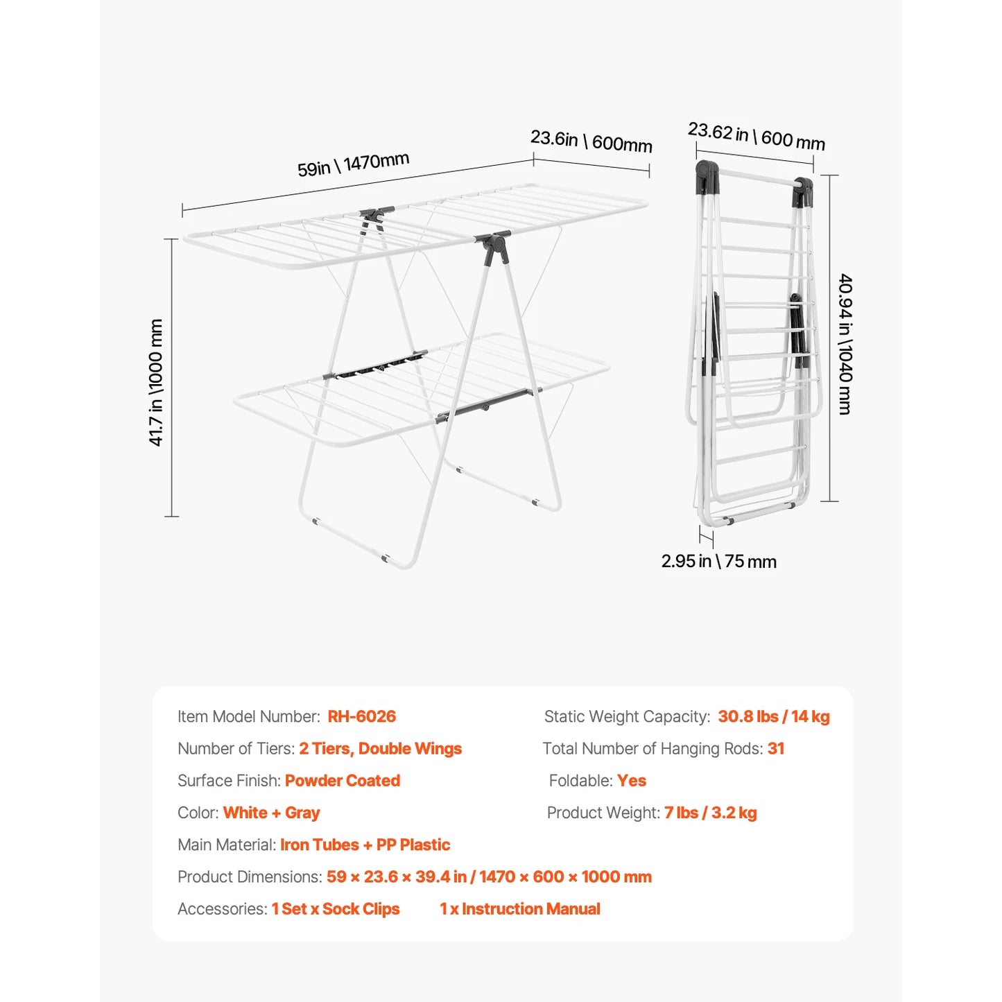 Foldable Clothes Drying Rack Outdoor Indoor With Sock Clips