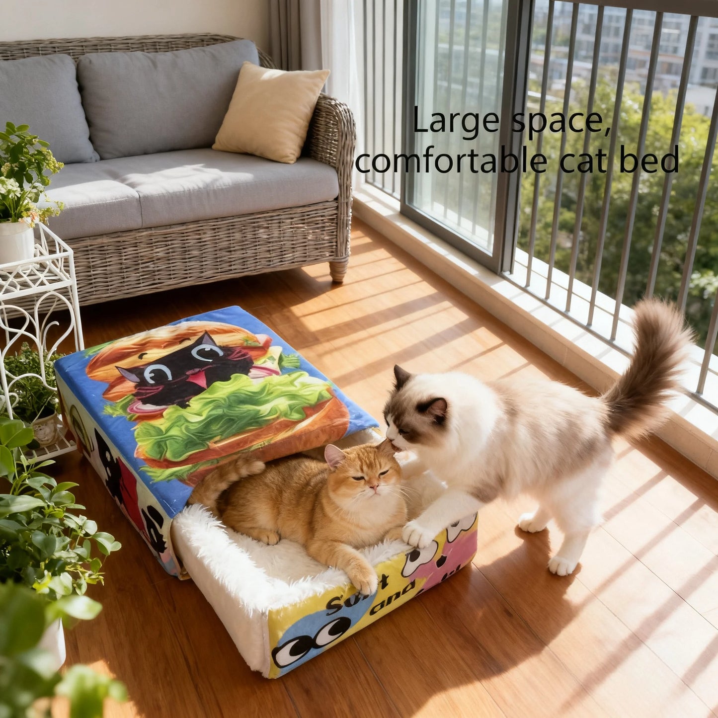 BOOTEELY Cartoon Hamburger Black Cat Snack Box Plush Cat Bed Spacious Cozy Pet Nest For Cats' Comfortable Rest With Cute Design