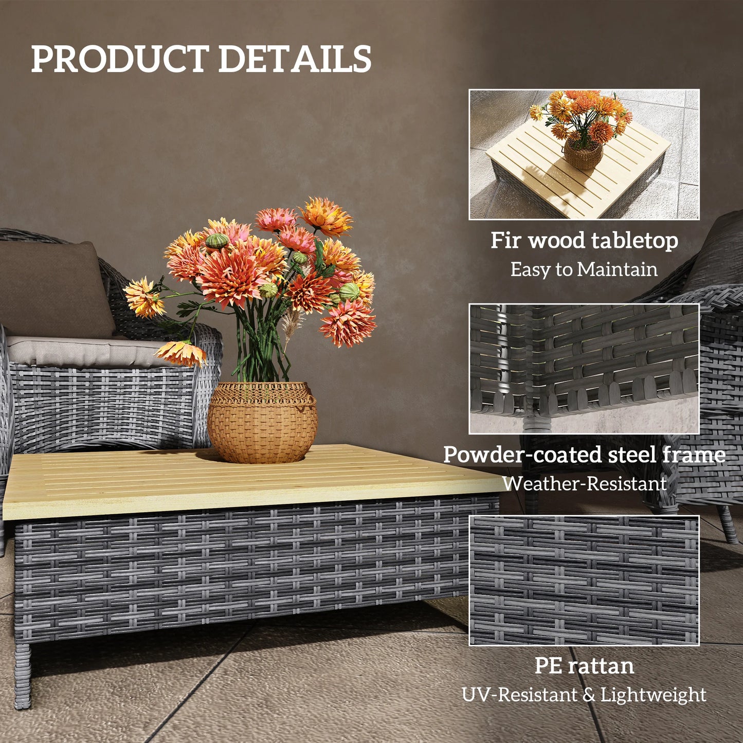 Outdoor Side Table with PE Rattan, Patio End Table with Wood Top