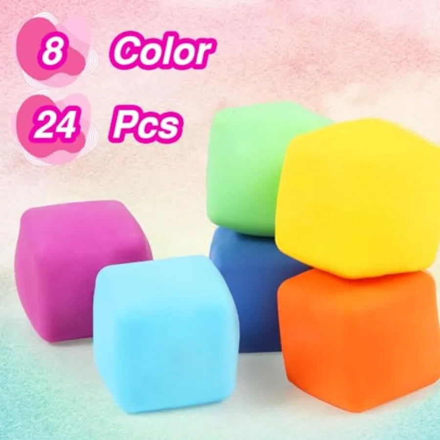 24 Pack Slow Rising Stress Cube, Dough Stress Balls Soft Fidget Squishy Toys for Anxiety Relief, Pull Stretch Classroom Prize P