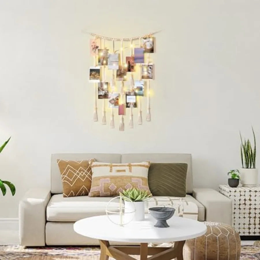 Macrame Hanging Photo Display Wall Decor with String Lights Boho Room Bedroom Wooden Beads Garland Picture Greeting Cards Holde