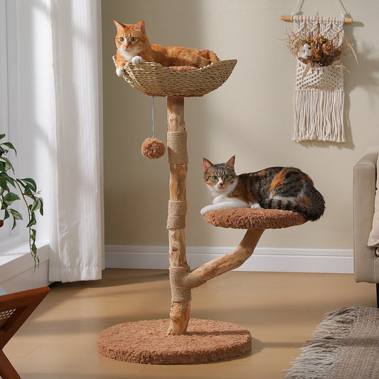 Wood Cat Tree with Wicker Basket Bed Sisal Scratching Posts Modern Cat Tower with Real Wood Branches Hanging Balls Luxury Boho Cat Furniture for Indoor Cat Toys