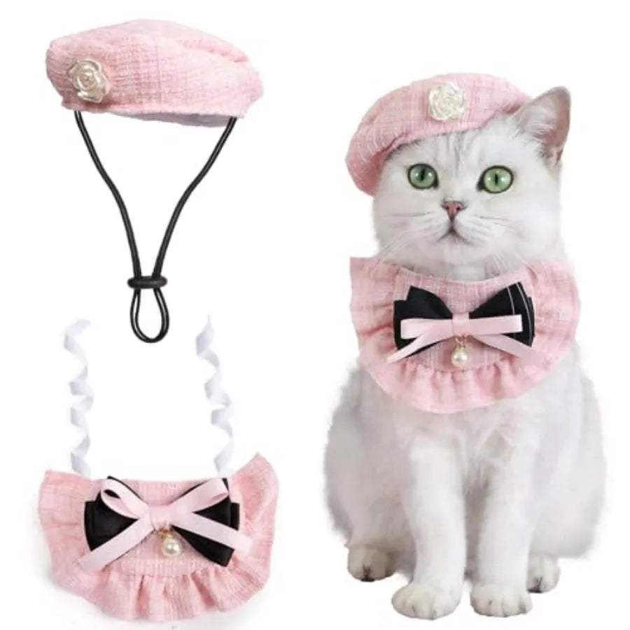 2PCS Cat Beret Hat with Small Camellia, Adjustable Satin Bowtie Bandana Scarf Set Pet Princess Costume for Halloween Christmas,